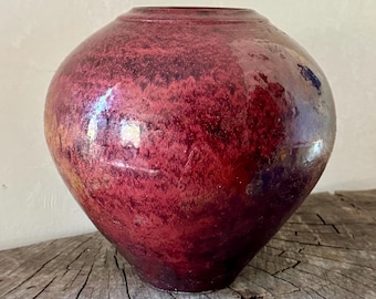 Original Red Glazed Raku Art Pottery Vase Signed
