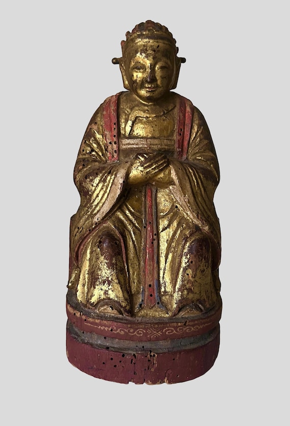 Antique Chinese Gold Gilt Wood Wiseman Alter Sculpture 8.5” Tall