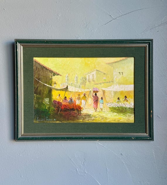 Original Efrén Cisneros García Painting Mexico Market Scene 1987