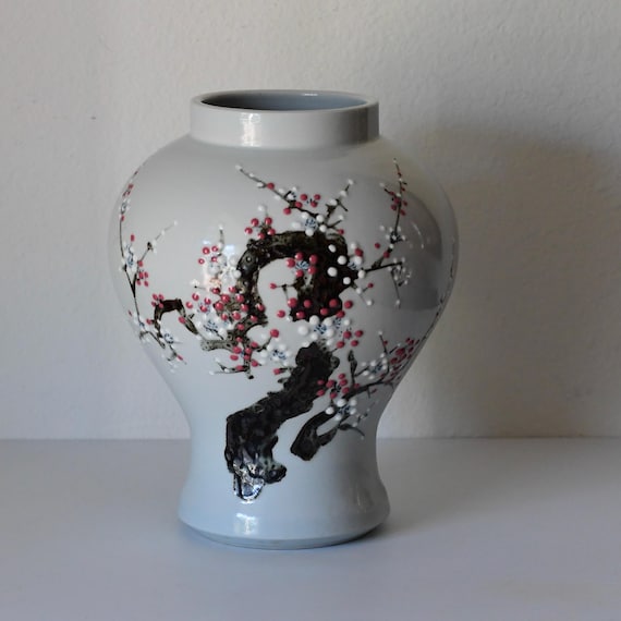 Vintage Japanese Porcelain Vase Hand painted Cherry Blossoms