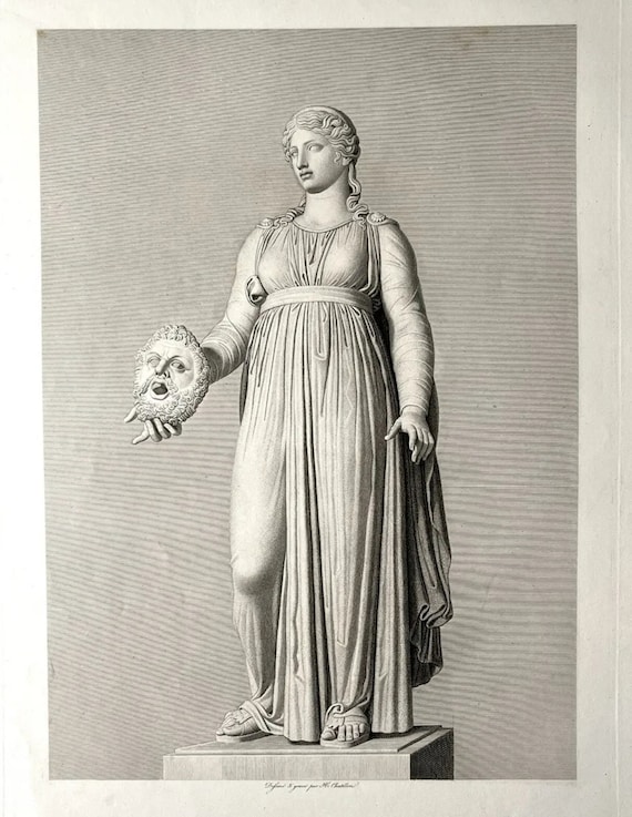 Antique Henri Guillaume Chatillon Melpomene Muse of Tragedy Engraving 19th