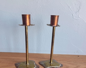Vintage Pair of Handmade Copper & Brass Candle Holders Made In Iceland