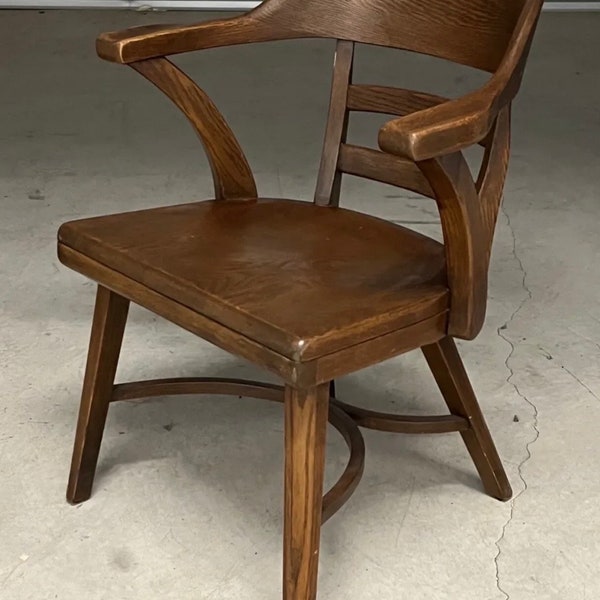 Vintage Mid Century Oak Wood Banker Office Desk Armchair High Point Gunlocke Era