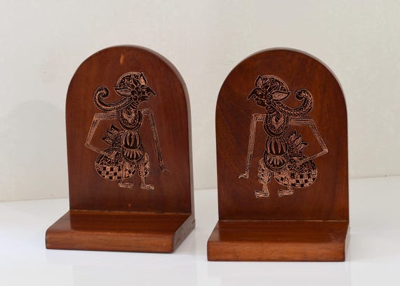 Vintage Indonesian Teak Bookends With Copper Batik Stamp Inlay