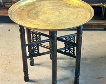 Vintage Antique Anglo Indian Brass Tray Side Table 22” D Folding Stand