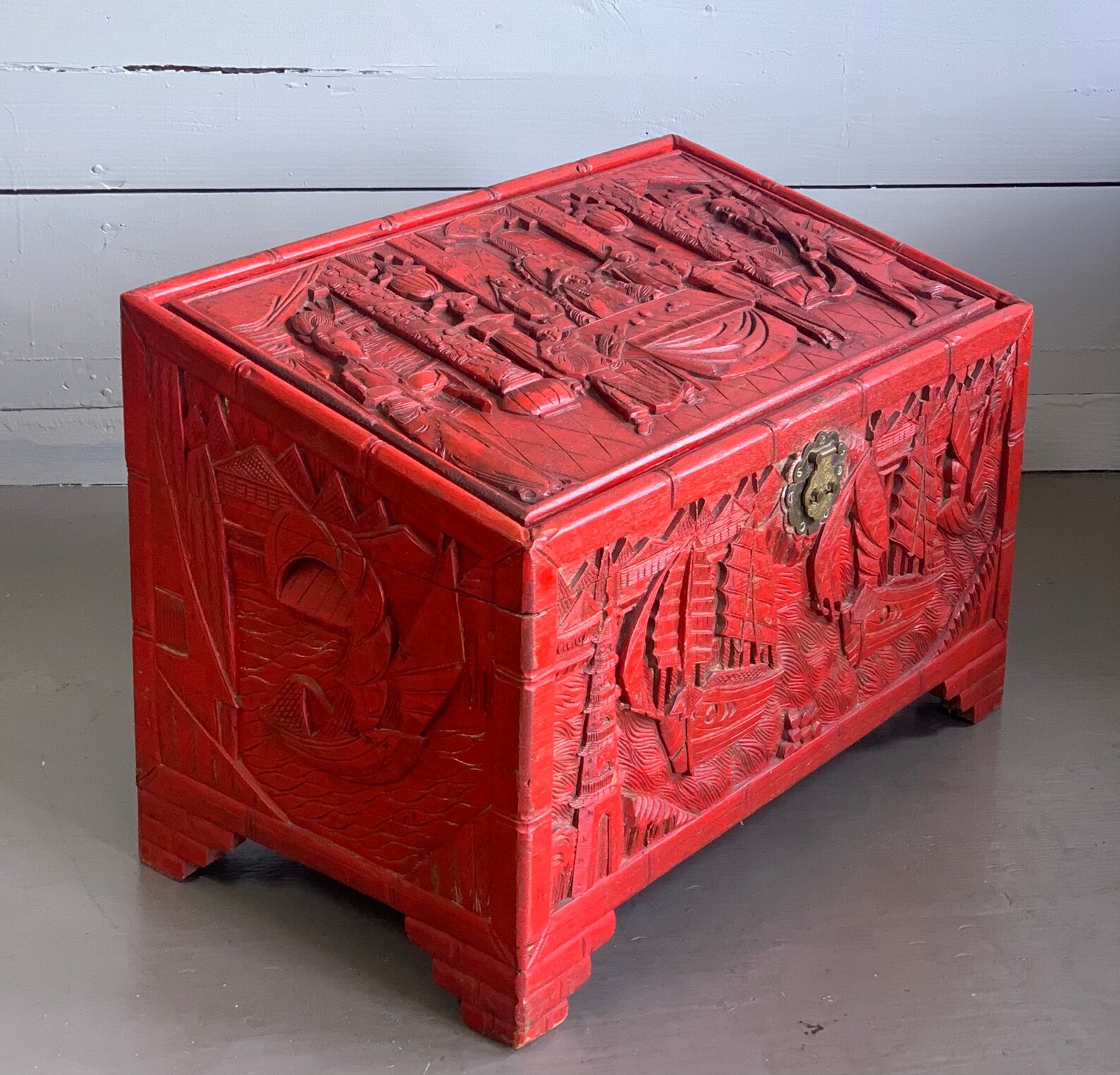 Antique Chinese Red Hand Carved Wood Blanket Chest Etsy