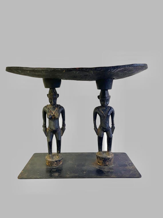 Antique African Primordial Couple Man & Women Hand Carved Wood Stool Bench