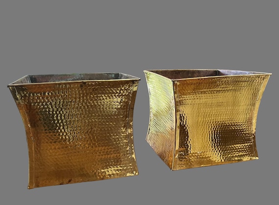 Vintage Pair Of Italian Hammered Brass Jardiniere Planters