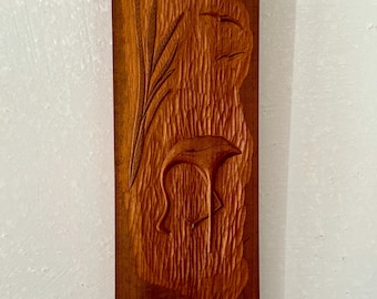 Vintage Signed Handcarved Teak Crane Heron Wood Panel 1971
