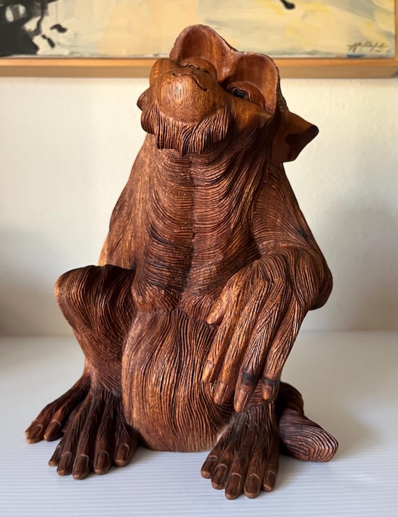 Vintage Hand Carved Teak Wood Monkey Ape Sculpture 12.5 Tall