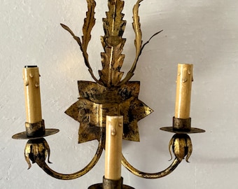Vintage Ferrocolor Spanish Gold Gild 3 Light Wall Sconce