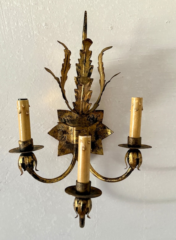 Vintage Ferrocolor Spanish Gold Gild 3 Light Wall Sconce
