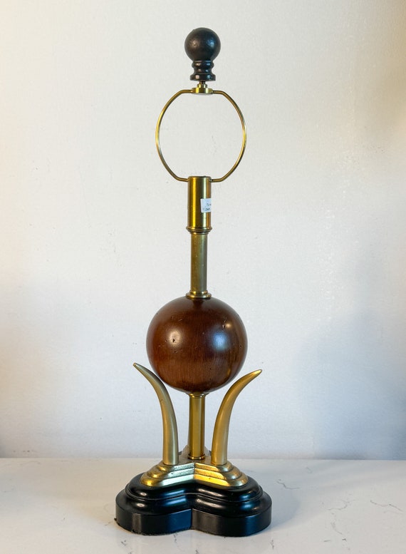 Vintage Wood Sphere & Brass Lamp 1980’s Modern