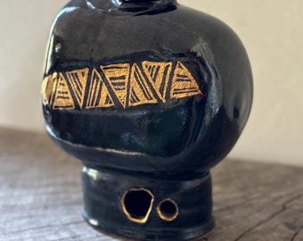 Vintage Ikebana Japanese Handmade Signed Vase Ceramic Modernist Textured MCM