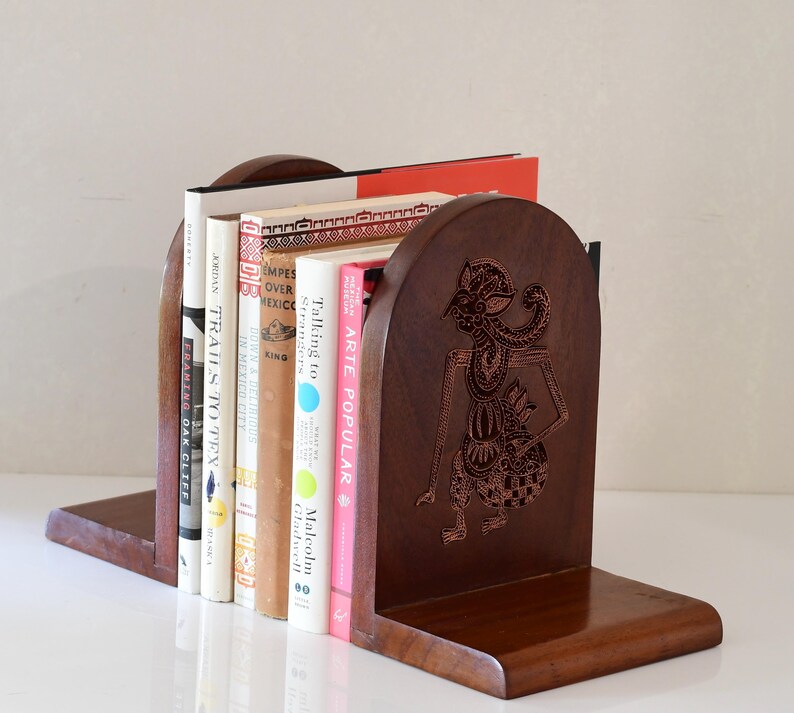 Vintage Indonesian Teak Bookends With Copper Batik Stamp Inlay - Etsy