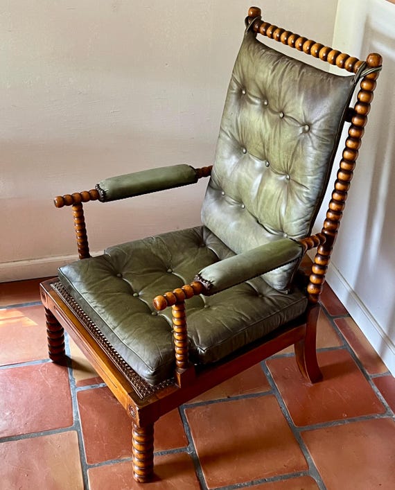 Vintage Valenti Leather & Wood Bobbin Armchair 1960’s Spanish MCM