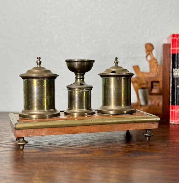 Antique English Brass Desk Set Inkwell