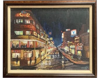 Original 1970’s Night Club Street Scene Painting Signed Chasse