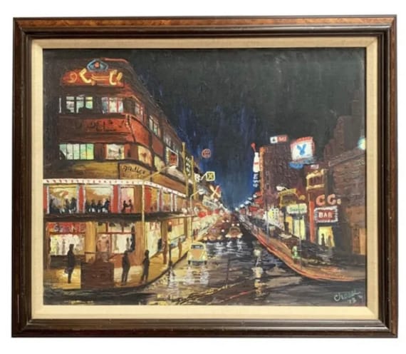 Original 1970’s Night Club Street Scene Oil Painting Signed Chasse