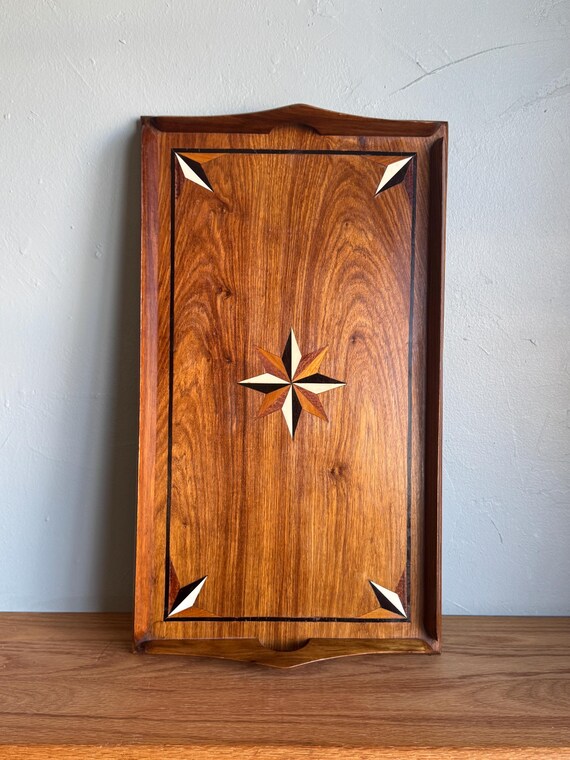 Vintage Austrian Marquetry Serving Tray Mixed Wood Star Inlay 20th Century