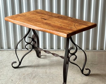 Vintage Mid Century Wood & Scroll Wrought Iron Coffee Or Side Table From Mexico