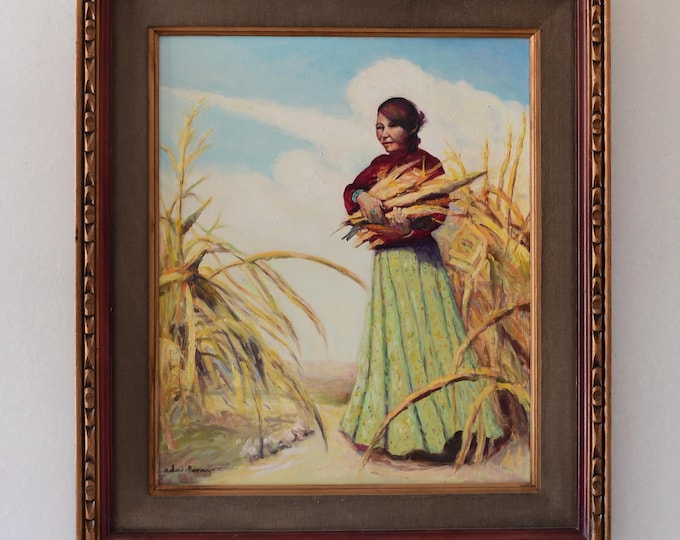 Featured listing image: Original Navajo Women Oil Painting Collecting Corn Signed Ada 32” X 28”