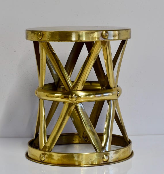 Vintage Hammered Brass Lattice Drum Table Garden Stool HK MCM Hollywood Regency