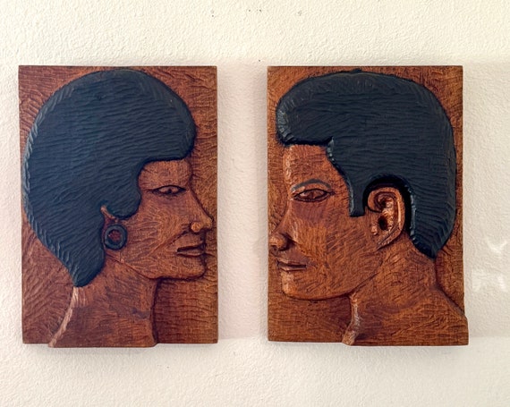 Vintage Jamaican Man & Women Folk Art Carvings By Carlton Williams