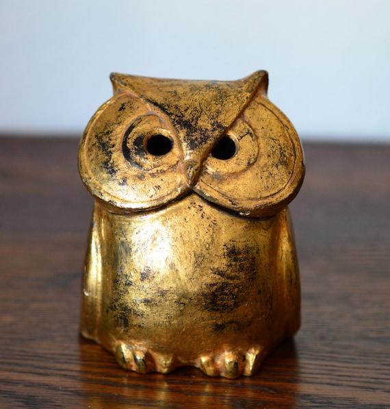 Vintage Japanese Mid Century Gold Gilt Cast Iron Owl Incense Holder Lantern
