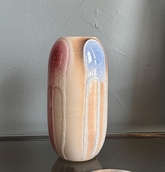 Vintage Japanese Ceramic Vase Crackle Glaze Drip Detail Signed