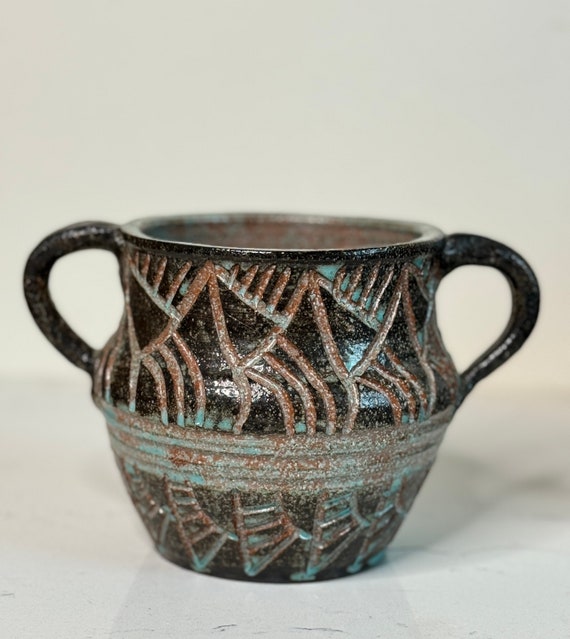 Vintage Incised Vase Studio Pottery Signed Wynona