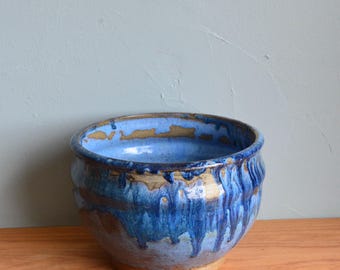 Vintage Studio Pottery Drip Blue Glaze Pot Planter Stoneware Handmade