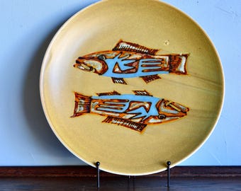 Vintage Fish Stoneware Mashiko Style Shoji Hamada Era Glaze Plate Signed 16”