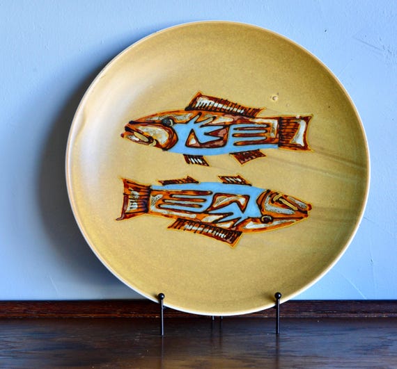 Vintage Fish Stoneware Mashiko Style Shoji Hamada Era Glaze Plate Signed 16”