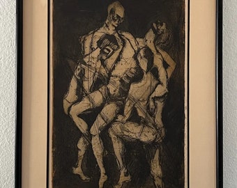Mid Century Abstract Framed Etching By Joan Fast 1962