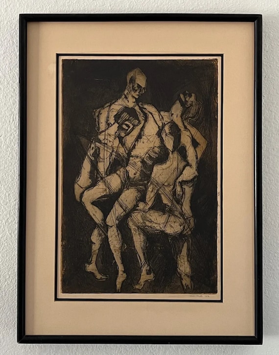 Mid Century Abstract Framed Etching By Joan Fast 1962