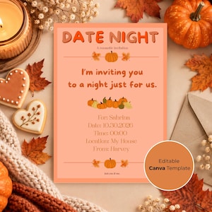Könnte beinhalten: Eine rechteckige pfirsichfarbene Einladungskarte mit dem Text DATE NIGHT, A romantic invitation, I'm inviting you to a night just for us, For: Sabrina, Date: 10.30.2026, Time: 00:00, Location: My House, From: Harvey, und Editable Canva Template.