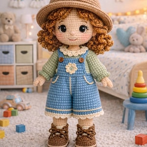 Può includere: Bambola all'uncinetto fatta a mano con capelli rossi ricci, indossa un cappello marrone, una camicia verde a maniche lunghe e una salopette blu. La bambola ha scarpe marroni e un dettaglio floreale. La bambola è in una cameretta.