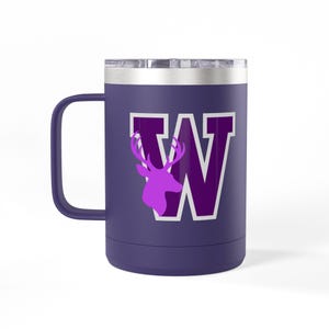 May include: A navy blue travel mug with a handle and a clear lid. The mug features a large purple letter "W" with a purple deer silhouette inside. The mug is designed to keep beverages hot or cold.