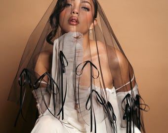 Black satin bow veil