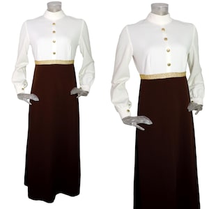 VINTAGE 1960s  Dress /Retro White Brown Empire Line Maxi Dress / UK 12  Fr 40/ GoGo / 60s dress/Retro Dress/Mod Chic/ Long Dress
