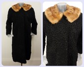 Vintage 1950s Coat Astrakhan Black Fur Collar UK 18 F 48 Fur Coat 50 39 s Coat 40s Coat Womens Winter Coat Swing Coat Lambs Wool