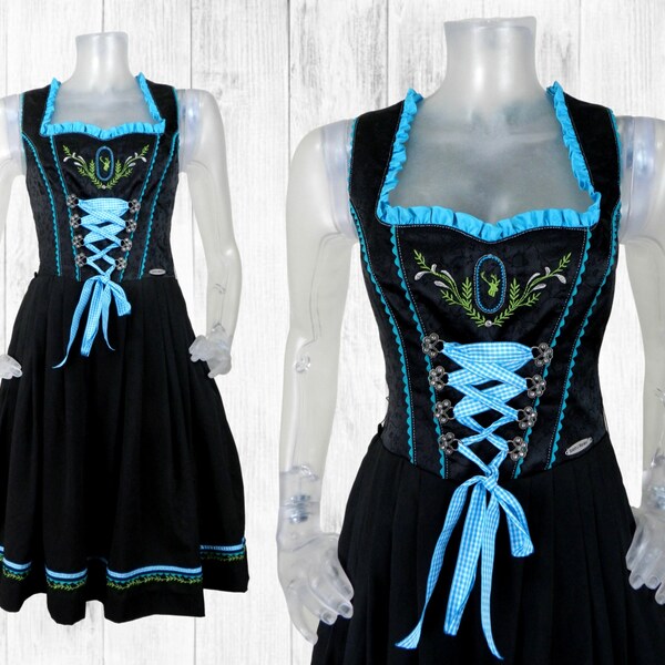 VINTAGE Dirndl Dress/Black Stags Head Folk Dress/Bohemian Dress UK 8 Fr 36 Oktoberfest/Bavarian/Austrian/German/Tyrolean/Trachtenmode/Party