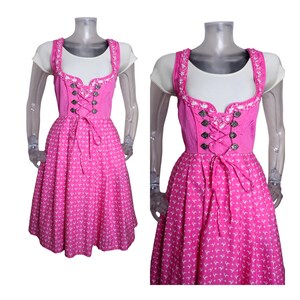 Folk Dirndl Dress/Pink White Stag Bohemian Dress  UK 10 Fr 38 Vintage Oktoberfest/Bavarian/Austrian/German/Tyrolean/Trachten/Cottagecore