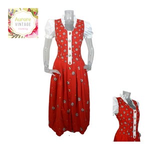 Vintage Folk Dirndl Dress/Red Edelweiss Floral Linen Bohemian Alpen Dress UK 12 Fr 40/Oktoberfest/Bavarian/Austrian/German/Tyrol/Cottagecore