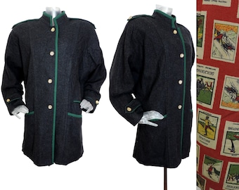 Vintage Bayerische Folklorejacke/Marine Blau Grüne lange Jacke/UK 14-16 Fr 44/Wolle/Oktoberfest/Cottagecore/Österreich/Trachten/Tirol/Fledermausärmel