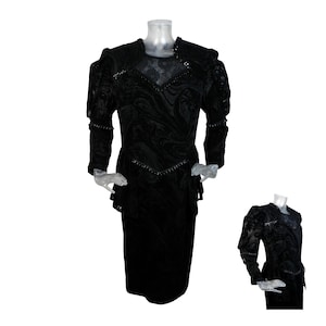 VINTAGE 1980s Dress/Black Devore Velvet Party Dress/UK 20 F 48 /80s Dress/Cocktail Dress/Evening Dress/Avant Garde/ Occasion Dress/Peplum