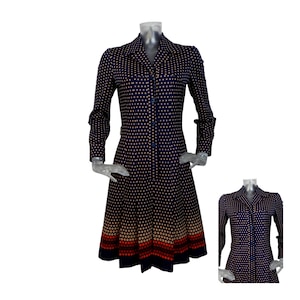 VINTAGE 1970s Dress/Retro Navy Blue Tan Red Spot Secretary Dress UK 10 Fr 38/Bohemian Dress/70s dress/Psychedelic/Mod Dress/Dagger Collar