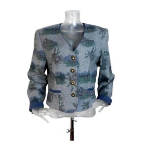 Vintage Bavarian Folk Jacket/ Grey Bird Woodland Print Cropped Jacket/UK 14 Fr 42/Country/Oktoberfest/Cottagecore/Austrian/Trachten/Tyrol