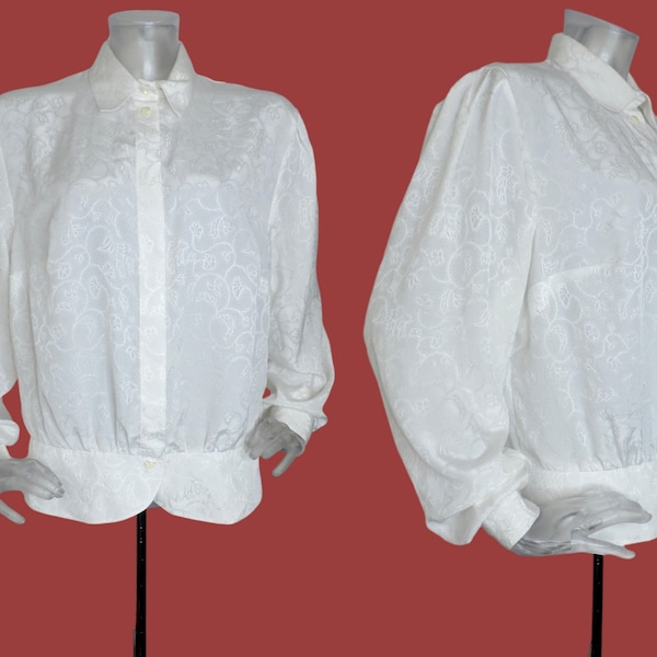 Vintage 1980s white self flower peplum blouse top uk 16 fr 44 80s new wave/80s blouse top/ button front/ floral/ baggy sleeve/new romantic